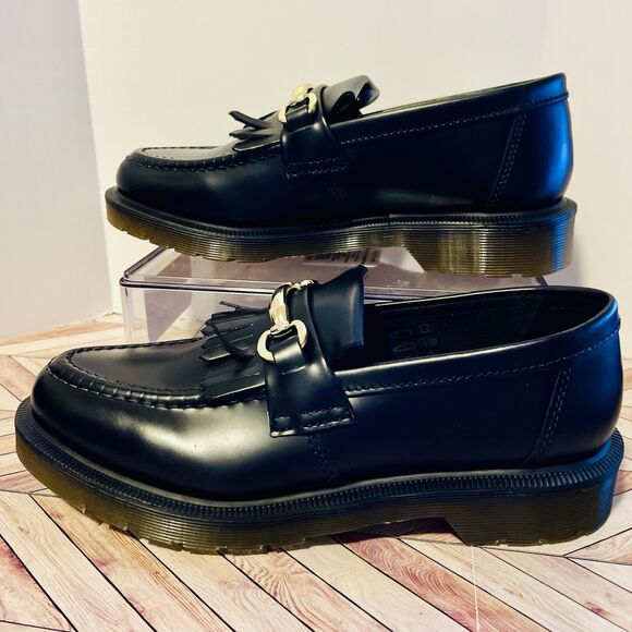 Dr. Martens Shoes - Dr Martens Adrian Snaffle Black Smooth Leather Loafers M 7 W 8 Kiltie Gold Bit
